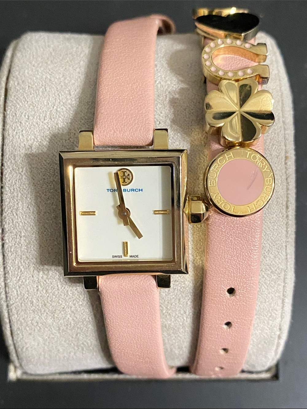Tory Burch Gold-Tone Square Watch with Pink Leather Strap and Charm Bracelet